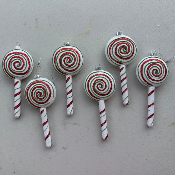 Frosted Glitter Glass Candy Cane Lollipops Christmas Ornaments Set Of 6 - Picture 1 of 2